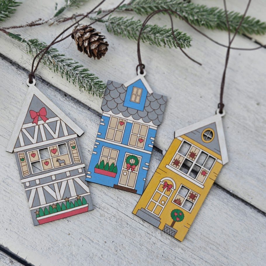 nordic houses 1 Set of 3 Scandi birch houses, hanging Nordic Christmas ornaments