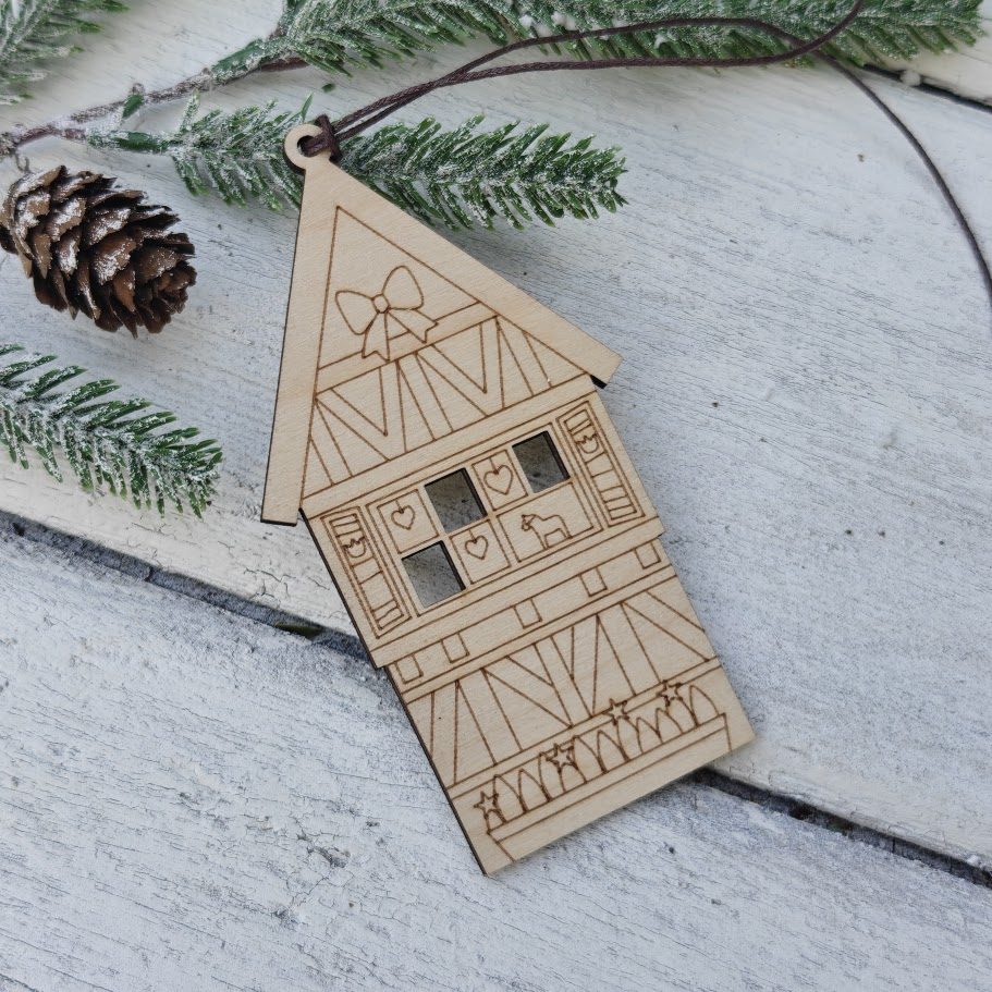 Three hand-drawn birch Scandi houses with cut-out windows to paint or leave natural