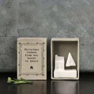 East of India mini porcelain house and tree in a matchbox
